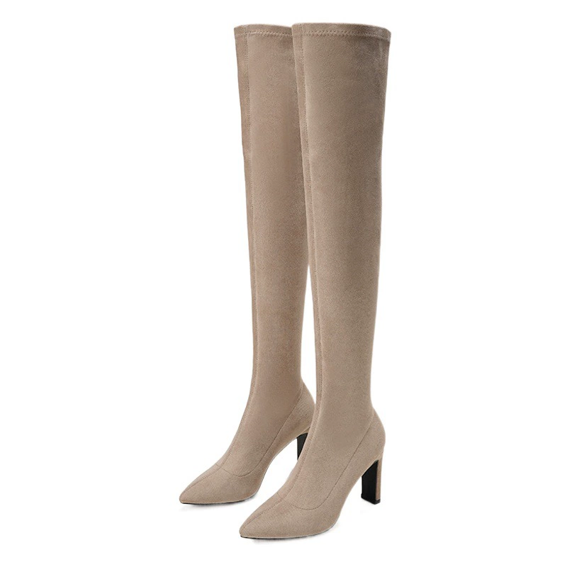 2025 Осень и зима Новые женские ботинки в корейском стиле на среднем каблуке Однотонные ботинки на толстом каблуке с острым носком Тонкие сапоги выше колена Эластичные ботинки для женщин