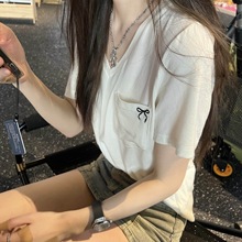 韩版宽松慵懒百搭半袖体恤女夏季v领口袋蝴蝶结短袖t恤女刺绣上衣