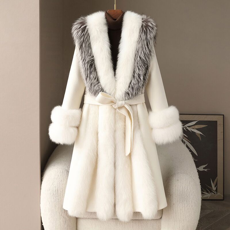Small Quantity of Clothing 2026 High-End Oversized Fox Fur Collar Fur Coat for Women with White Goose down Lining Double-Sided Wool Coat for Women