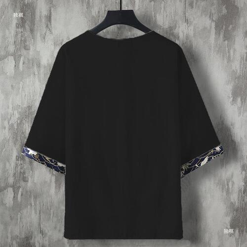 Summer Chinese-style Cotton and Linen Short Sleeve T-shirt for Men with Crane Embroidery, Linen Buttonholes, V-neck Top