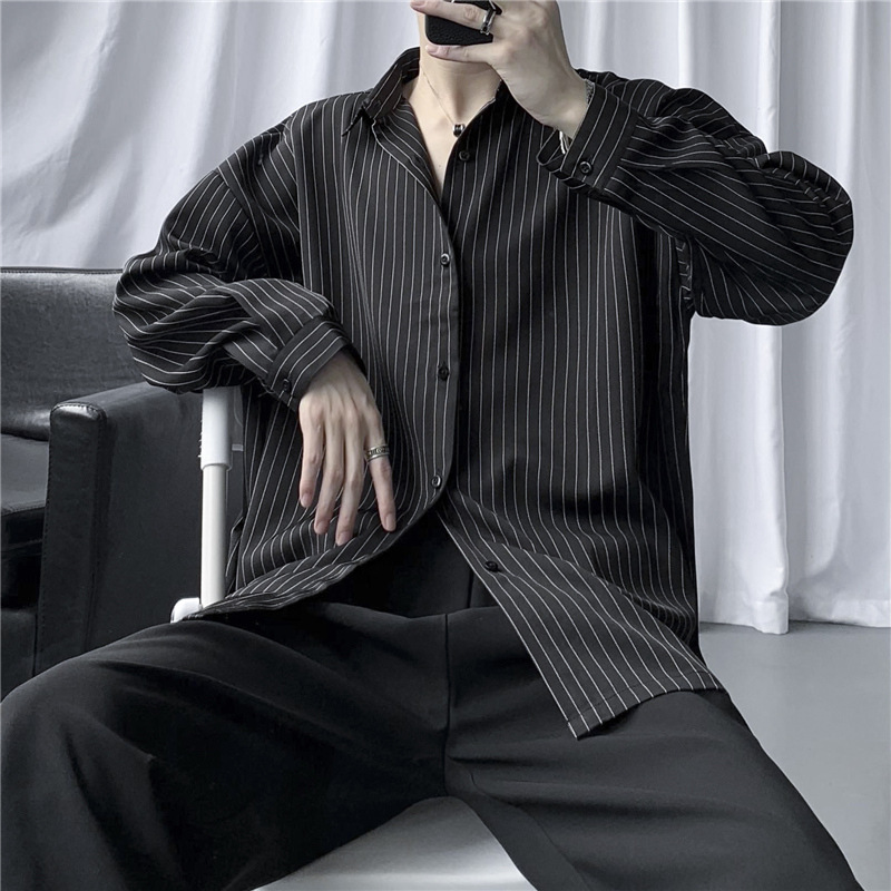 Striped shirt jacket for men, Hong Kong style, Japanese style, casual loose clothing, trendy black men's long-sleeved shirt, spring and autumn.