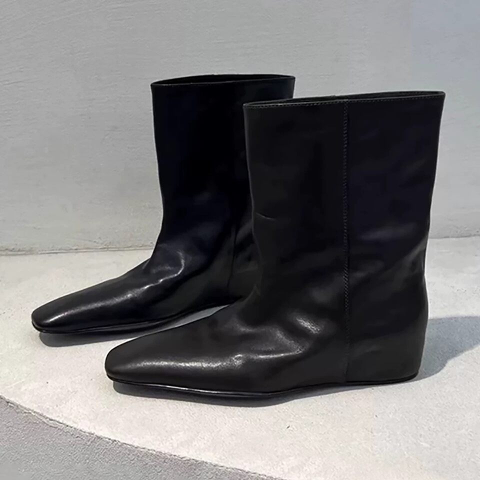 Bốt cổ ngắn nữ da bò mũi vuông độn đế kiểu xỏ chân, bốt Chelsea cổ lửng gót 3–5 cm — màu đen, Đen (lót nhung)