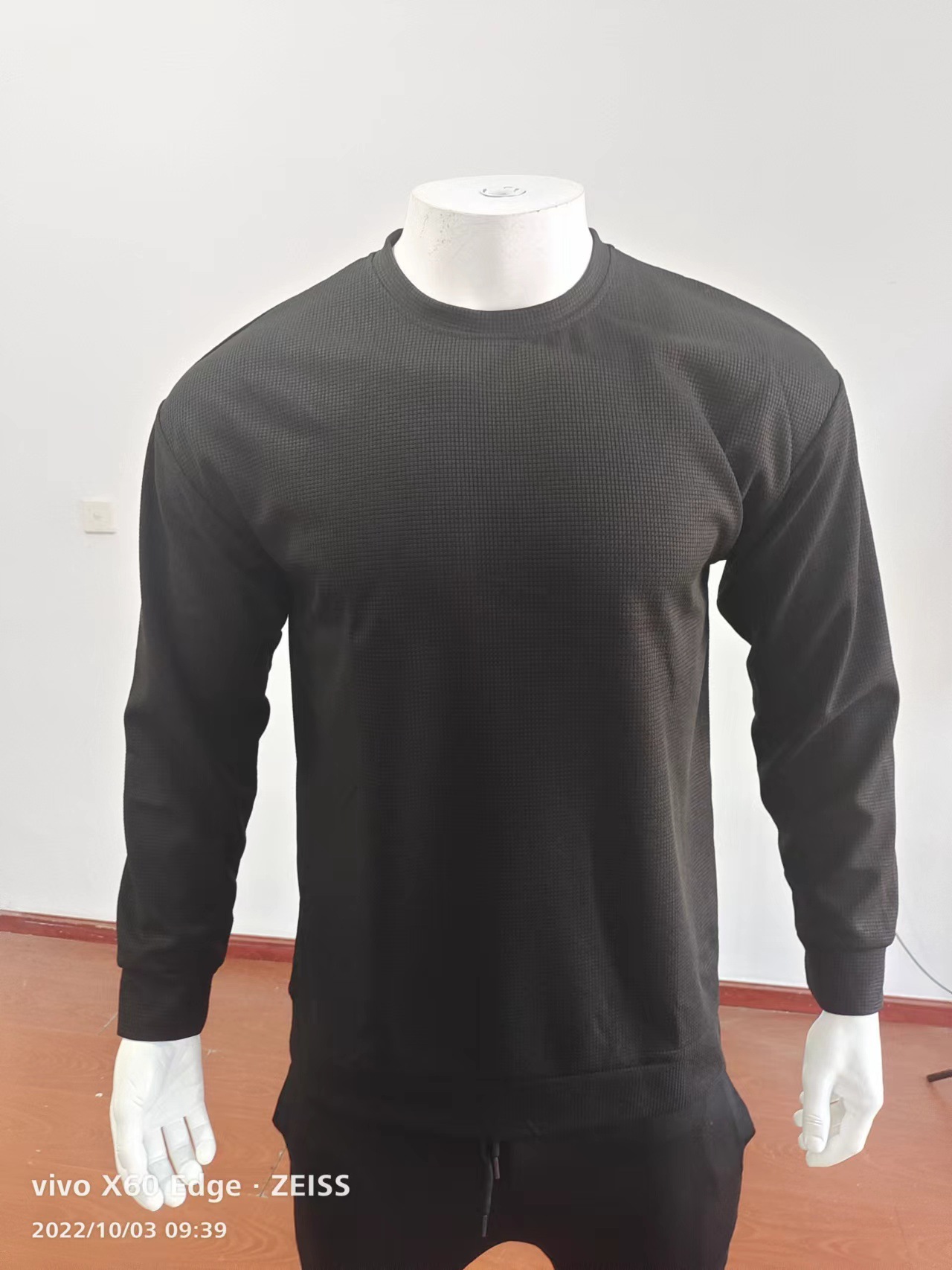 Men's T emu Solid Color Waffle Long Sleeve T-shirt Spring and Autumn New Round Neck Top for Men_voghion.com