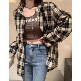 港风复古格子polo领衬衫女春季薄款宽松设计感中长款防晒外套上衣