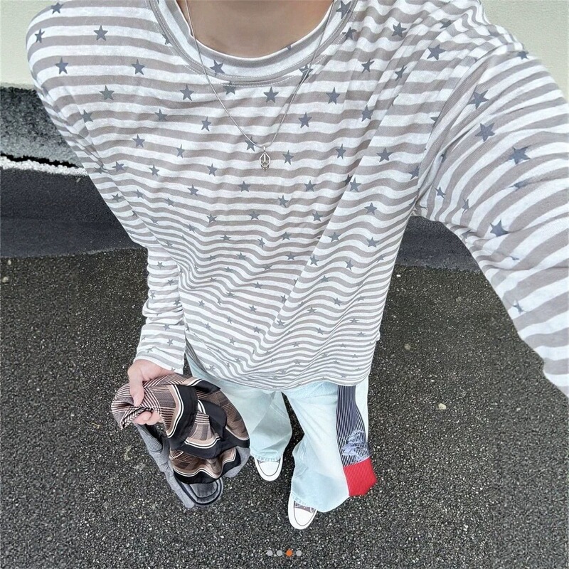Tencel Lyocell striped star lightweight long-sleeve shirt for men and women, vintage loose casual base shirt, T-shirt, sun protection Tencel Lyocell striped star lightweight long-sleeve shirt for men and women, vintage loose casual base shirt, T-shirt, sun protection