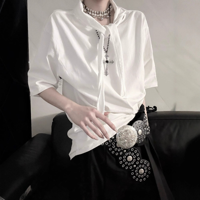 Unique Design Collar with Tie, Loose Short-Sleeve T-Shirt Unisex Versatile Solid Color Top for Summer