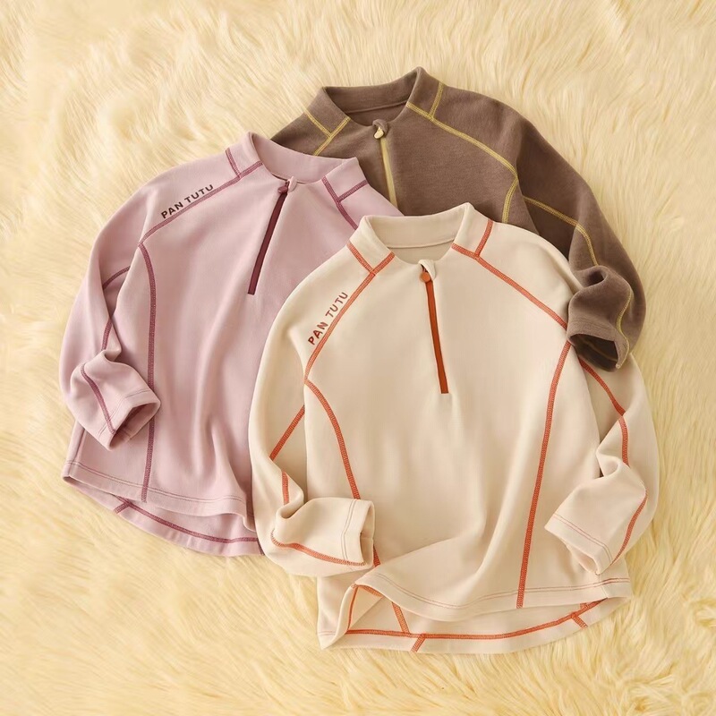 Autumn and Winter Half-Zip Stand Collar Children's Long-Sleeve T-Shirt with Fleece Lining, Warm and Versatile Top for Boys and Girls Autumn and Winter Half-Zip Stand Collar Children's Long-Sleeve T-Shirt with Fleece Lining, Warm and Versatile Top for Boys and Girls
