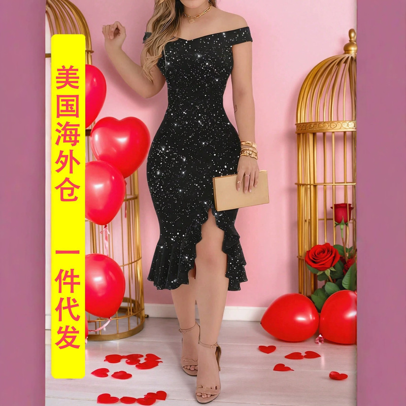 European and American Style Off-Shoulder Slit Mermaid Dress with Starry Sequins, Slim Fit, Accentuates Curves, Evening Dress, Overseas Warehouse