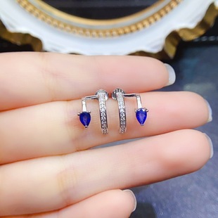 New natural sapphire earrings S925 silver inlaid main stone 3*5mm Joker net red explosions women's jewelry wholesale