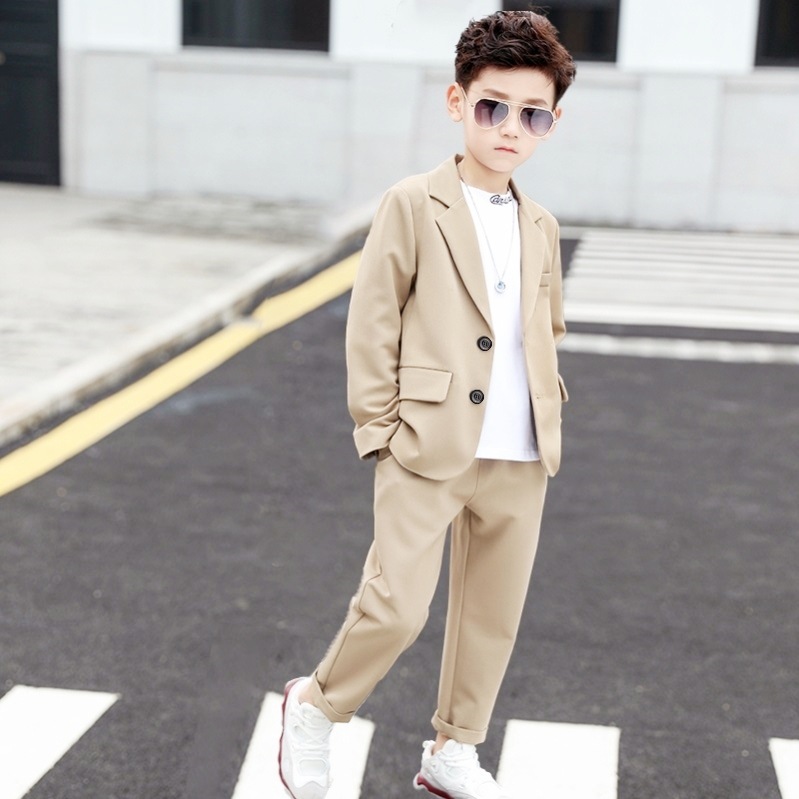 Cross-border encrypted three-piece suit for boys, cool and stylish jacket, long-sleeved shirt, casual suit for middle and large children, suitable for spring and autumn.