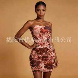优雅设计闪亮水钻修身气质抹胸短裙派对晚会精致礼服时装演出梅红