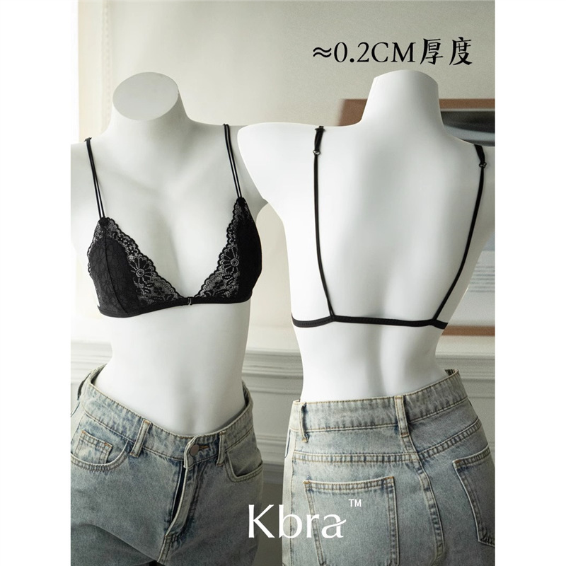 Kbra French Front Button Lace Triangle Cup Intimates Women's Wire-Free Push-Up Summer Ultra-Thin Spaghetti Straps Beautiful Back Bra