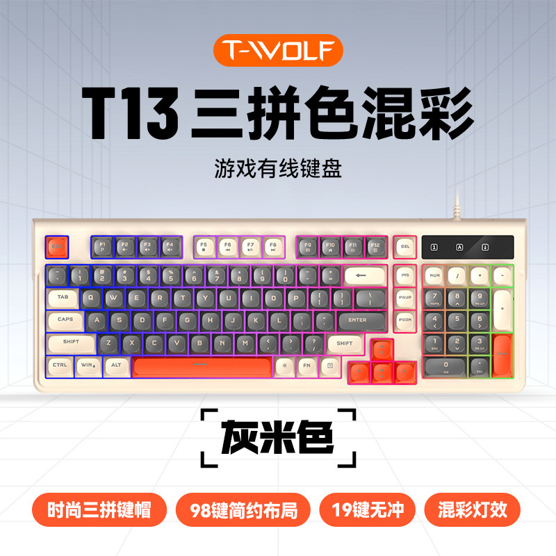 Thunder Wolf T13 Wired Gaming Keyboard with 98 Keys, Mechanical Feel, Private Mold, Silent, Luminous Color Scheme, Hot Keycaps