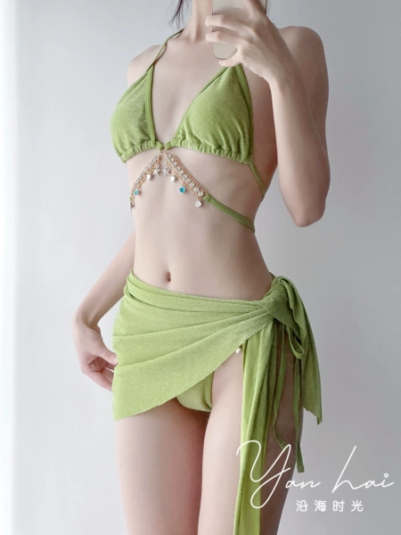 #▊▉Apple green wrap skirt three-piece set㏇%