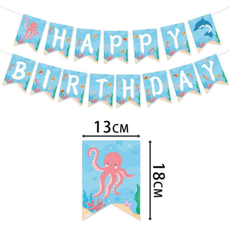 国境を越えた新しい水中誕生日フラッグセット誕生日パーティーの装飾バナー海のテーマケーキインサート|undefined