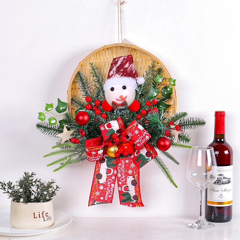 Nueva Corona Navideña de Bambú, Adorno Navideño Transfronterizo, Linda Corona Decorativa de Papá Noel, Adorno Colgante para Puerta de Patio Exterior