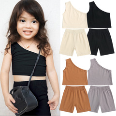 Stylish New Arrival Solid-Color Sleeveless Two-Piece Set: Summer Girls' Off-Shoulder Top and Shorts