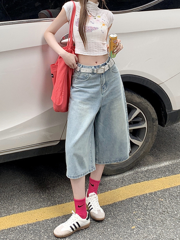 Straight Cropped Jeans Women's 2024 New Summer Loose Wide Leg Slimming All-match Cropped Pants American Trend