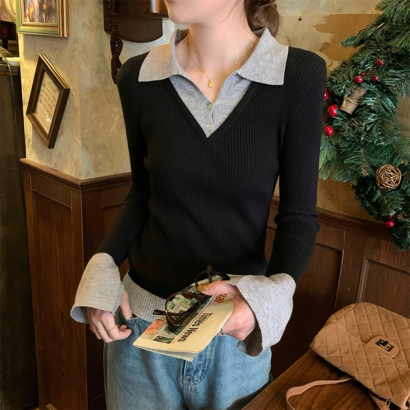 撞色假两件长袖T恤女早秋女装2025新款拼接针织打底衫Polo领上衣|undefined