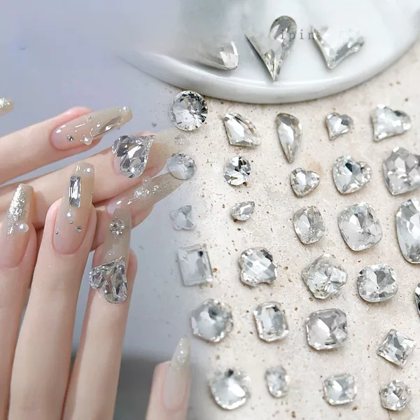 Wholesale nail jewelry transparent large diamond pointed bottom super flash crooked axe water droplets fat square butterfly white diamond nail accessories