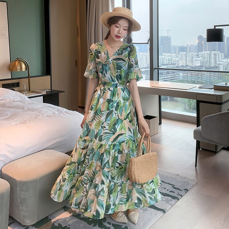 Cross-Border Amazon 2026 Summer New Style Pastoral High-Waisted Slimming V-Neck Avocado Green Floral Chiffon Dress Cross-Border Amazon 2026 Summer New Style Pastoral High-Waisted Slimming V-Neck Avocado Green Floral Chiffon Dress