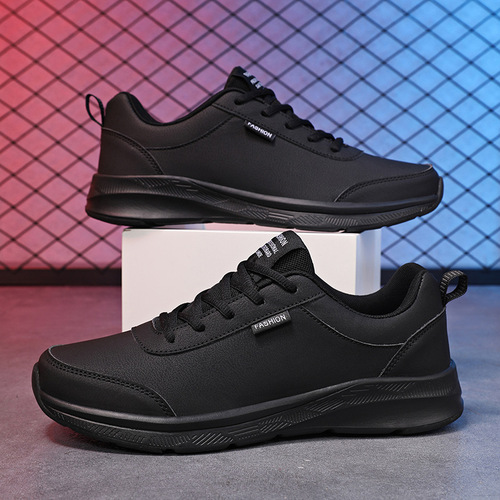 Men's Autumn Leather Surface Sports Shoes, Waterproof and Slip-Resistant Running Shoes for Men, Black Versatile Soft Sole Casual Shoes