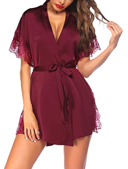 Amazon new sexy bathrobe women's summer lace nightgown split lace-up home wear artificial silk sexy lingerie