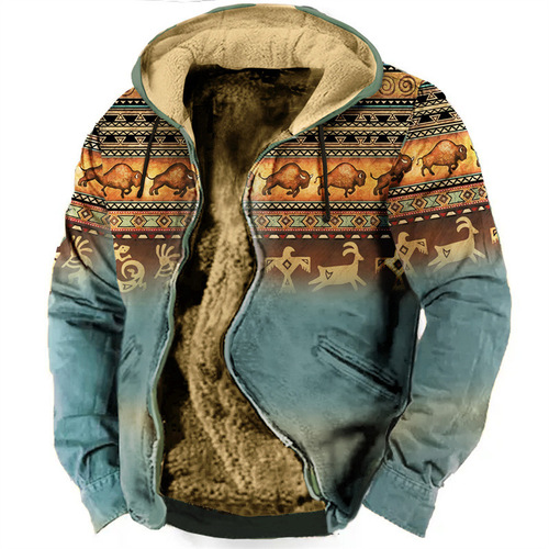 European and American multicolored pattern 3D printing digital printing hatless sweatshirt with brown cotton lining