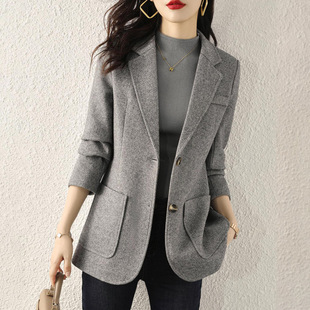 Gray Suit Woolen Outwear for Women in Autumn and Winter Thickeneded Casual Loose Korean Style British Style Small Suit