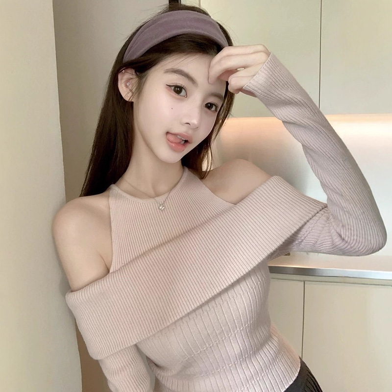 若语  labella*假两件一字肩内搭上衣女高级感长袖纯色打底衫|undefined
