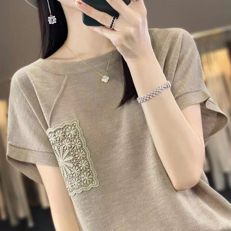 Summer New Women's Clothing Quzhu Ice Hemp Silk Short-sleeved Women's Knitted Shirt T-shirt Women's Round Neck Gouhua Short-sleeved Base Shirt