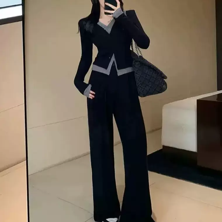 大码女装春装新款胖mm设计感假两件修身上衣松紧高腰阔腿裤两件套