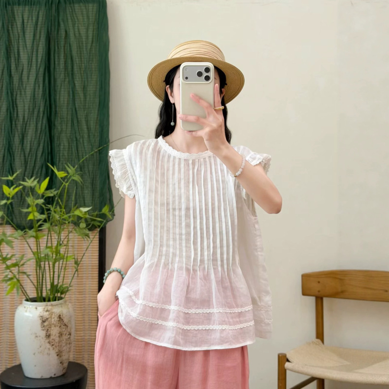 Summer New Style Lace Patchwork Pleated Flutter Sleeve Ramie Blouse with Back Buttons, Artistic and Youthful Solid Color Shirt for Women Summer New Style Lace Patchwork Pleated Flutter Sleeve Ramie Blouse with Back Buttons, Artistic and Youthful Solid Color Shirt for Women