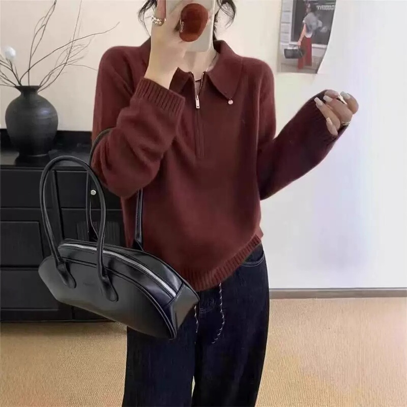 韩系慵懒风半拉链套头毛衣女2025秋冬polo领宽松简约软糯针织衫女|undefined
