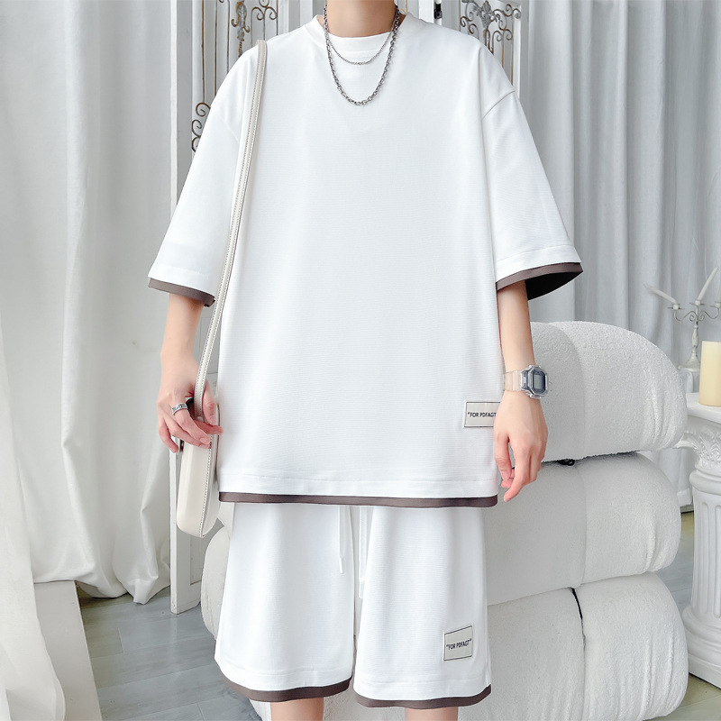 Summer Ice Silk Sports Casual Suit, Thin Stylish Trendy Men's Clothing, Loose Short-Sleeve T-Shirt And Shorts Two-Piece_voghion.com