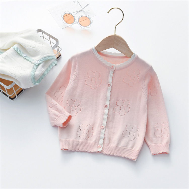 Girls' coat pure cotton flower hollow out sweater spring autumn new baby top simple and versatile small cardigan trend