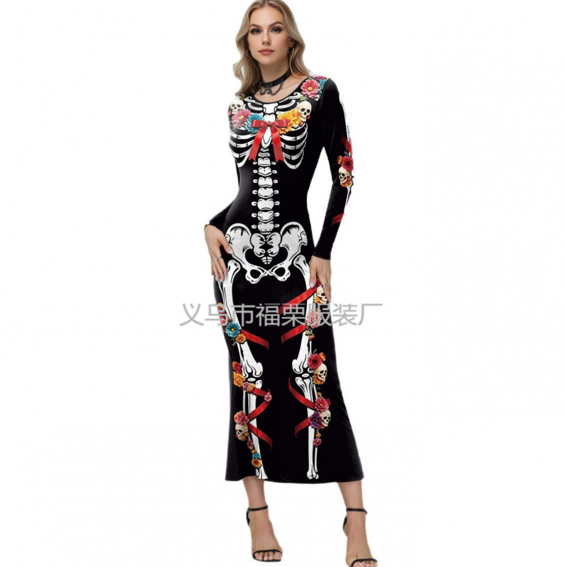Mexican Day of the Dead Skeleton Flower Bow Print Long Sleeve Mermaid Dress