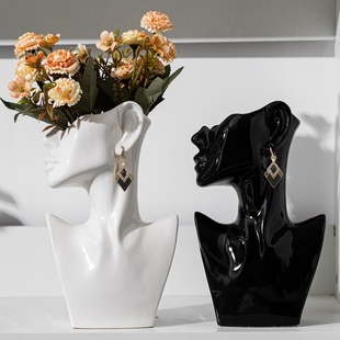 Creative Black and White Side Face Large Artistic Ceramic Vase with Ear Drop Fashion Nordic Style Ornament Decorations