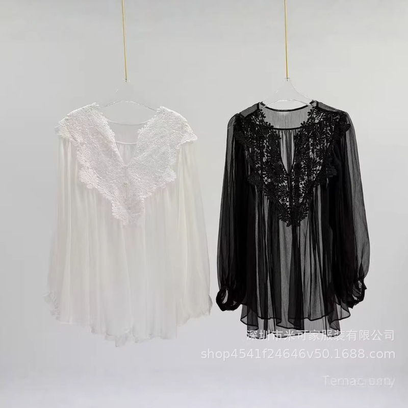 Floral Lace Long-Sleeve Shirt with Gentle and Graceful Stitching, Fairy-Style Flowing Embroidered Lace Top for Women