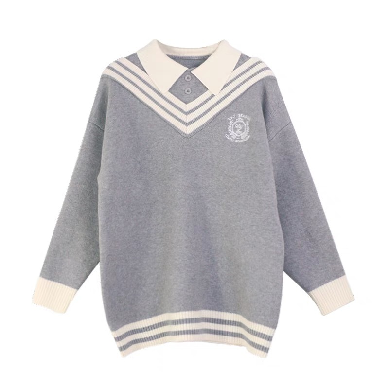 Estilo preppy rayas falso suéter de dos piezas para las mujeres primavera y otoño nuevo cuello de polo suelto dulce JK