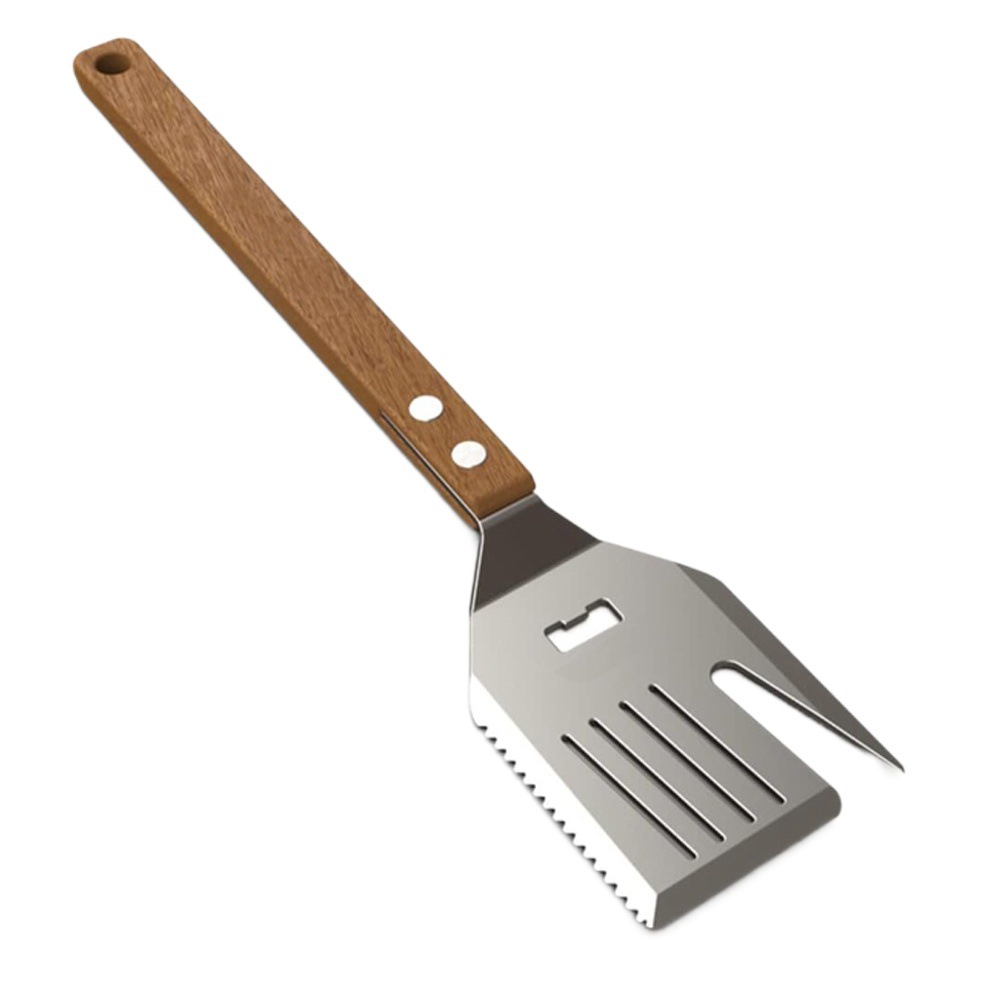 Spatula para barbacoa Spot Amazon con cuchillo y tenedor, herramienta para barbacoa cinco en uno, abridor de botellas, espátula para tenedor con mango de madera multifuncional