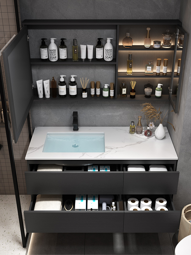 Moderno simple luz de lujo Rock Placa de baño gabinete de combinación inteligente espejo de baño de madera maciza mueble de baño lavabo de baño