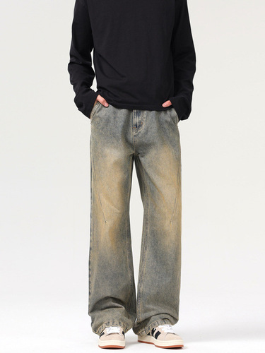 LKTM Men's Apparel #American Retro Distressed Yellow Clay Dye Deconstructed Jeans Men's Trendy Loose Casual Slit Long Pants