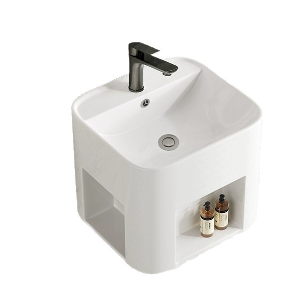Lavabo de pared para apartamento pequeño, lavabo de cerámica integrado, balcón de baño con compartimiento de almacenamiento, lavabo