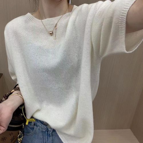 High-end Round Neck Thin Knit Basic Top Summer New Arrival Trendy Hot Selling European Style Pink Short Sleeve T-shirt for Women
