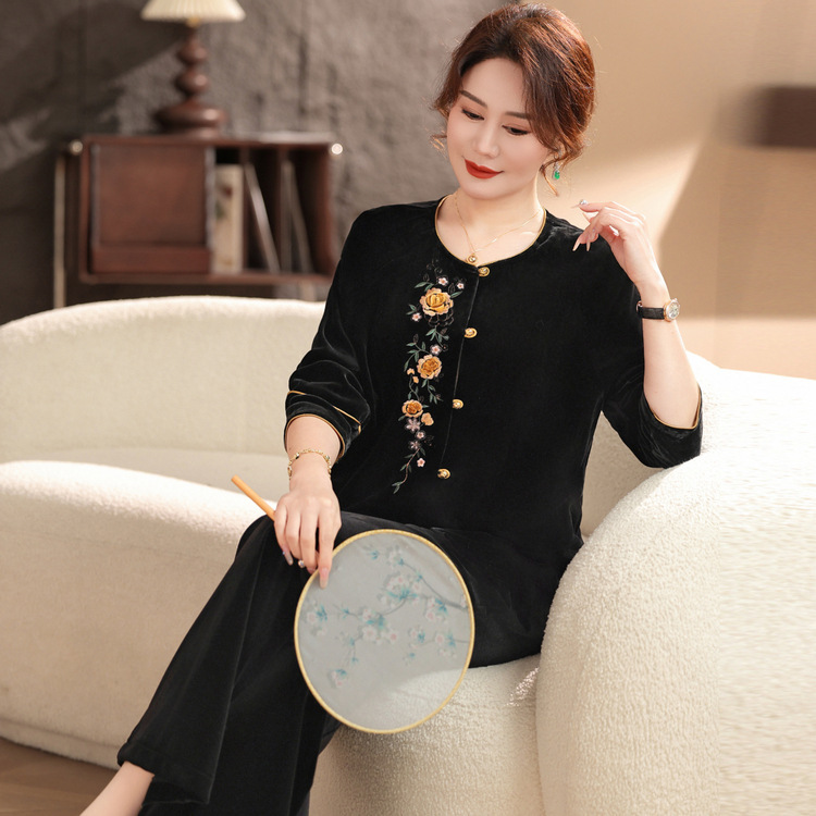 中老年大码女装女士休闲两件套春季新款金丝绒妈妈套装女时尚休闲|undefined