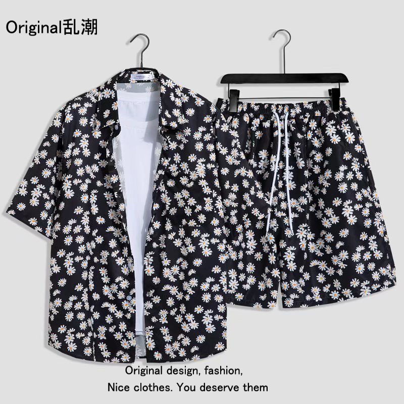 Verano playa floral camisa de manga corta traje de los hombres sueltos ins retro completo impreso pantalones cortos camisa de dos piezas