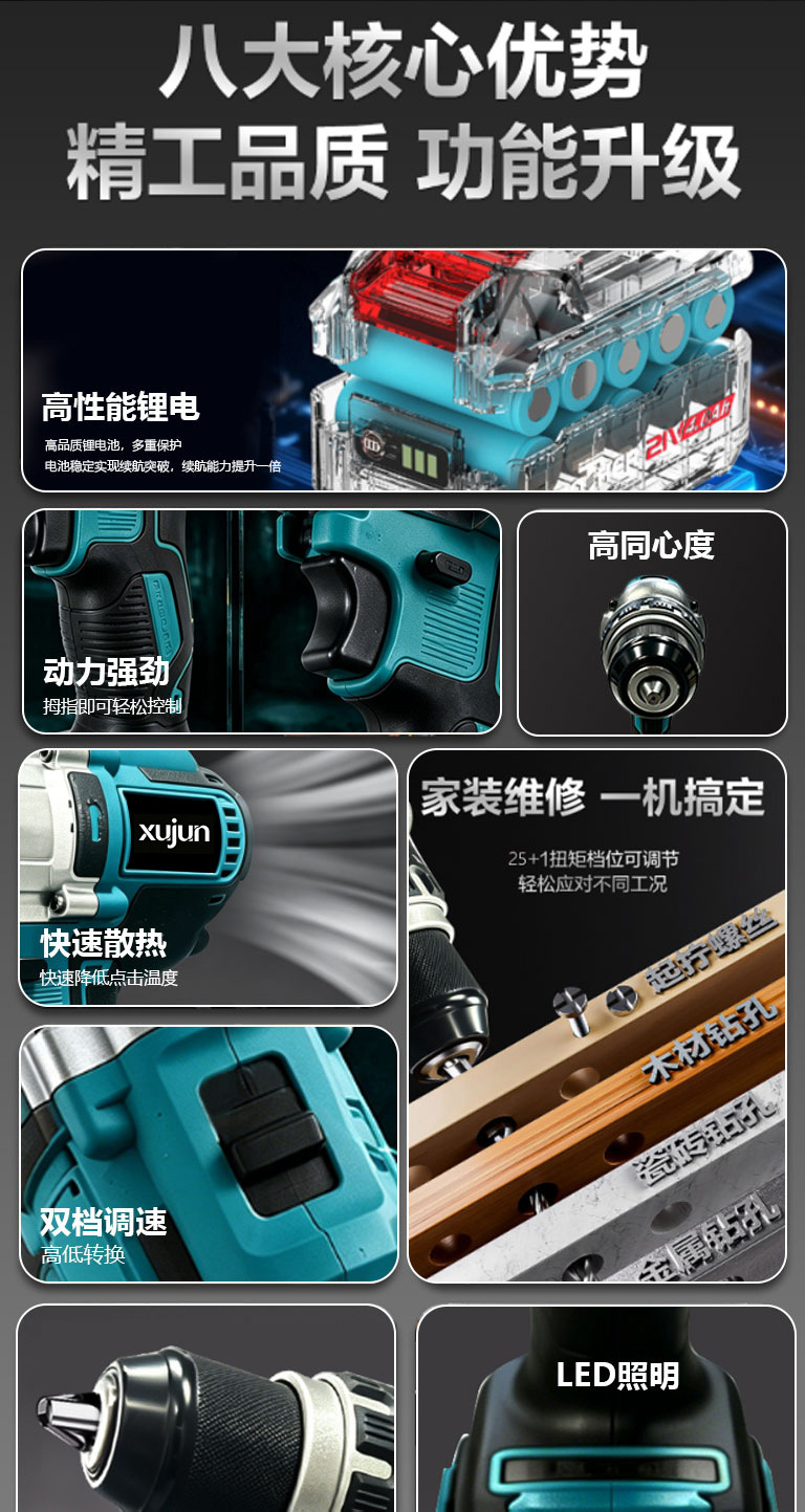 Cross-border foreign trade hand electric drill, impact drill, rechargeable lithium electric drill, hand-held drill, multi-function electric screwdriver tool set