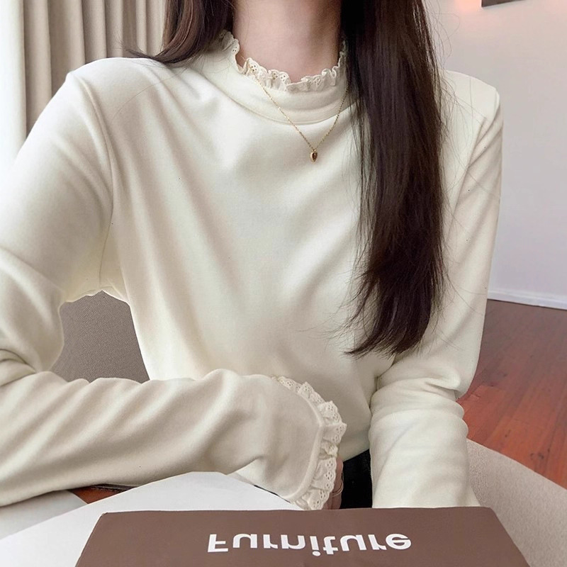 Double-Sided German Velvet Stand-Up Collar Base Shirt for Women, Winter New Lace Trim Long-Sleeve T-Shirt, High-End Slim-Fit Inner Top