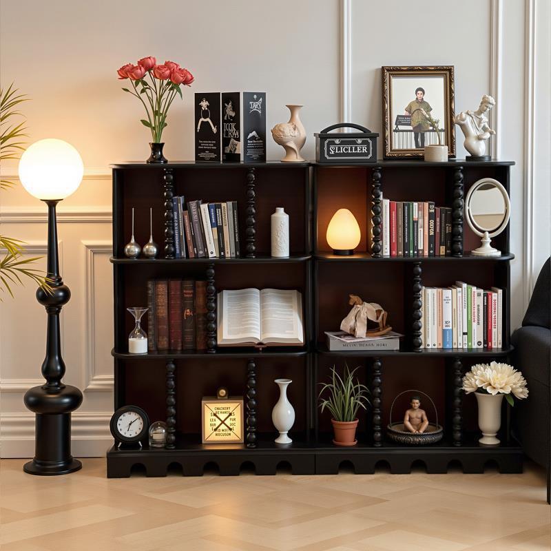 French Retro Style Solid Wood Bookcase, Antique Style Half-Wall Floor-Standing Combination Bookshelf, Sofa Storage Side Cabinet, Display Cabinet